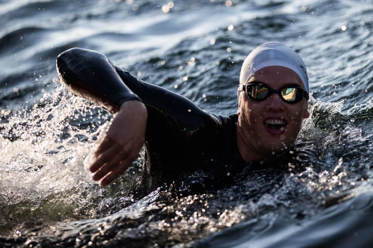 An athlete swims during a race.